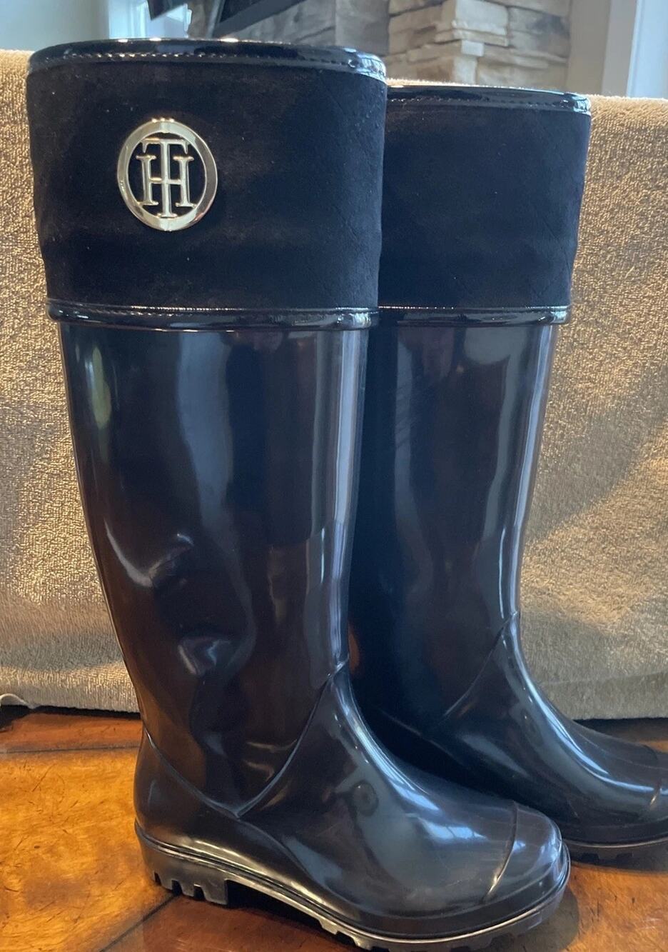 Tommy Hilfiger Shiner Black Knee High Rain Boots Women's Size 5 Tall Riding